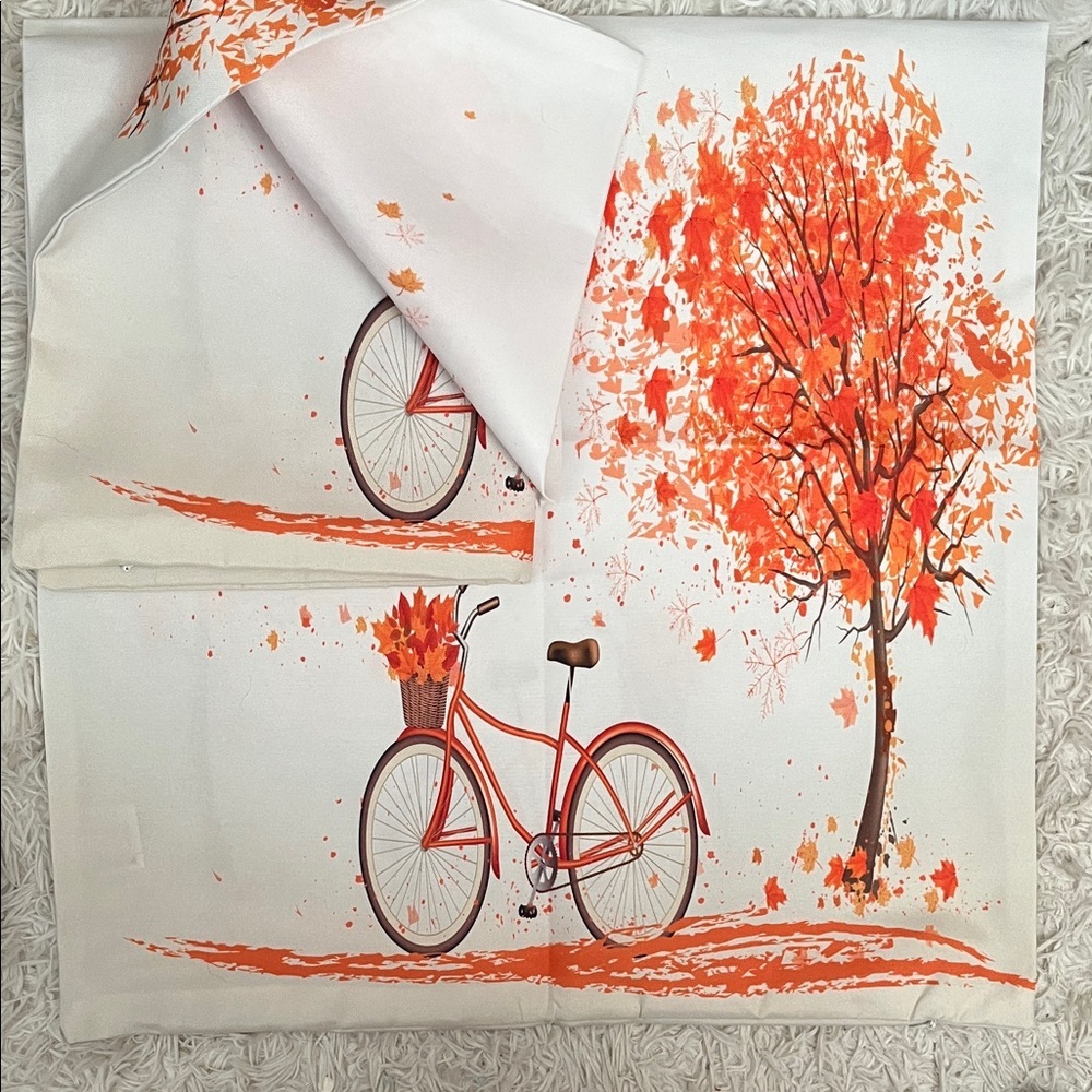 2 Orange Bicycle and Tree Pillow Covers Washable 20”x 20”